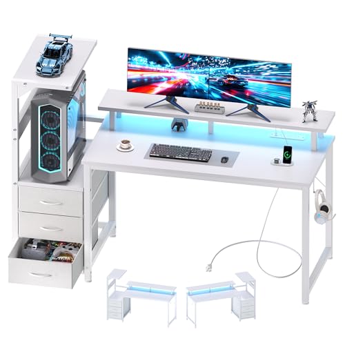 52-Inch Reversible Gaming Desk with LED Lights & Power Outlets, White