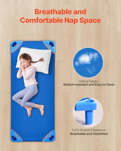 Kids Nap Cots 4-Pack - Portable Stackable Toddler Sleep Beds, Blue, 52" L x 23" W