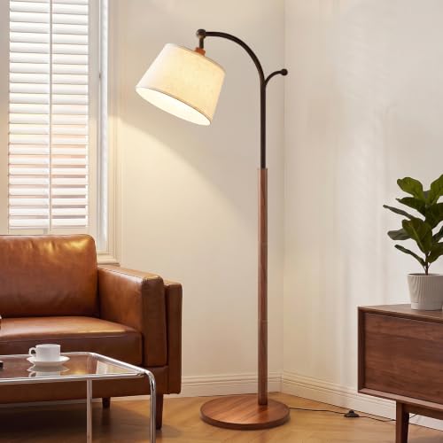 Floor Lamp, Arched Wood Linen Shade, Dimmable 3 Color Temperatures,