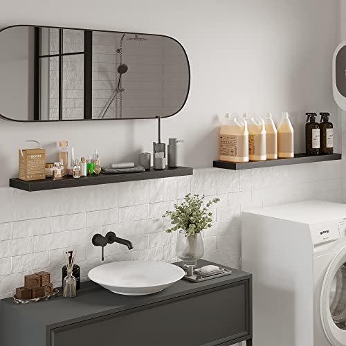 40-Inch Black Floating Wall Shelves Set of 2 - Extra-Wide Display Shelves with Invisible Brackets, Modern MDF Design, Versatile for Home & Office