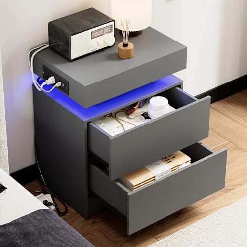 Nightstand with Charging Station & LED Light - Grey, 2 Drawers, Modern Compact