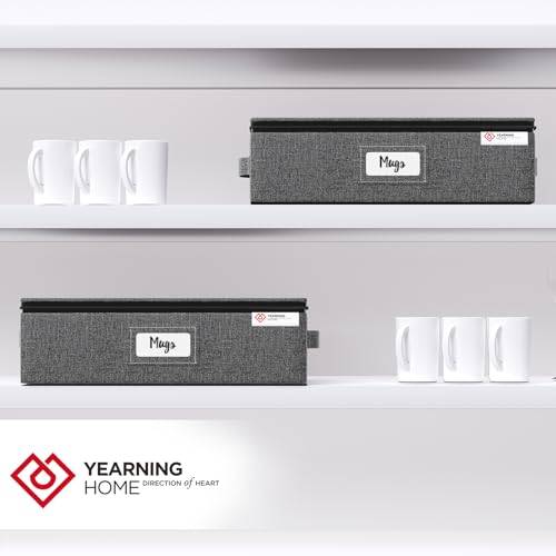 Mug and Cup Storage Box 2 Pack with Hard Shell and Dividers - Stackable Organizer for Coffee Mugs, Tea Cups, Glasses, Handles, Zips, Label, Grey