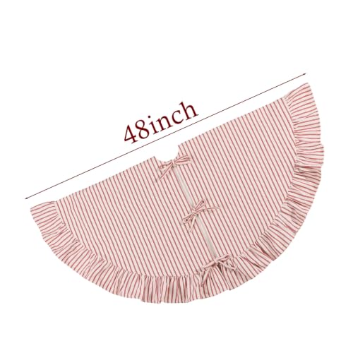 48-Inch Red White Stripe Christmas Tree Skirt with Ruffled Edge