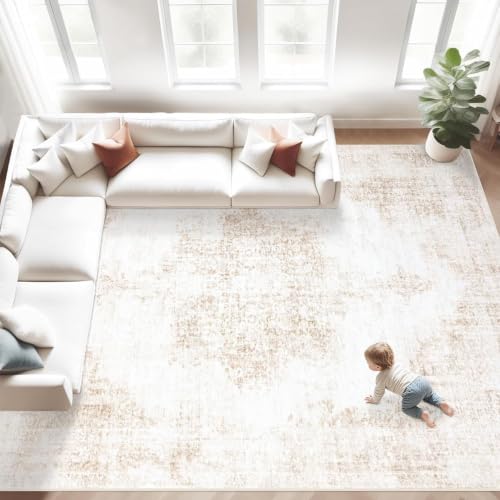 MXSANYOO 8x10 Beige Vintage Washable Rug - Large Non-Slip Low Pile Living Room Carpet