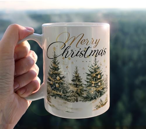 Kunlisa Christmas Tree Mug - Rustic Gold Bubbles Snowflake Ceramic Coffee Cup 11oz
