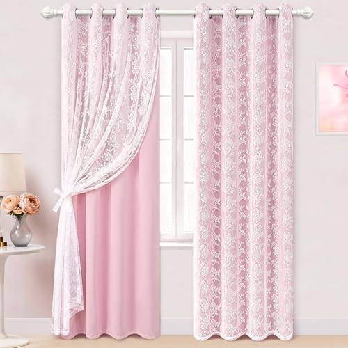 Yinhua Pink Curtains for Girls Room Double Layer Blackout Bedroom 84