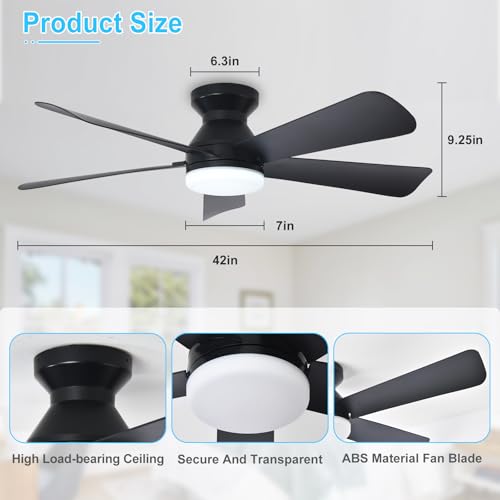 Depuley 42-Inch Black Ceiling Fan with Light & Remote Control - Indoor Outdoor, Dimmable, Reversible Blades, 6 Speeds, Timer
