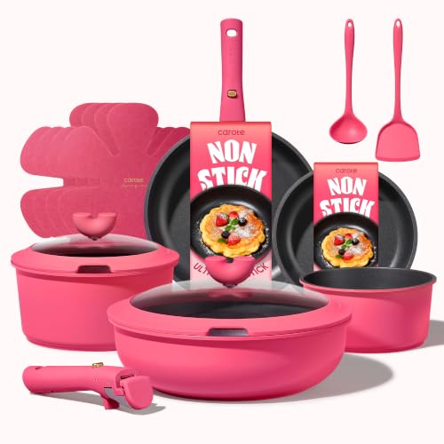 Nonstick 15-Piece Pots and Pans Set with Detachable Handle - Dark Pink