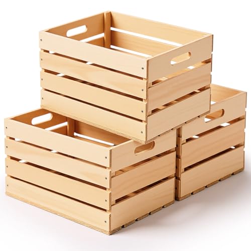 Wooden Storage Crates Set - Unfinished Rustic Display Boxes, 12x10x8 Inches, 3 Pack
