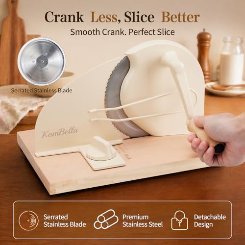 Beige Sourdough Bread Slicer with Adjustable Thickness & Hand Crank, Wooden Base & Safety Guard