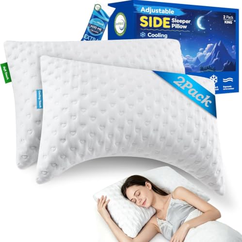 King Size Side Sleeper Pillows Set of 2 - Ergonomic Curved Memory Foam, Adjustable Fill, Cooling Cover
