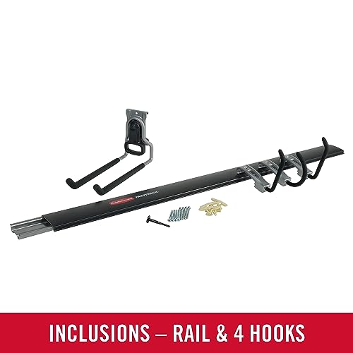 Rubbermaid FastTrack Garage Storage Utility Hooks Kit - 1 Rail & 4 Hooks, Heavy Duty Black