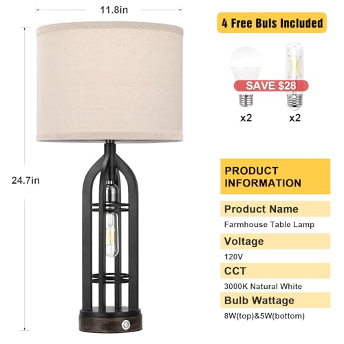 Seealle Farmhouse 3-Way Dimmable Table Lamps Set of 2 with Oat Shade & Black Base
