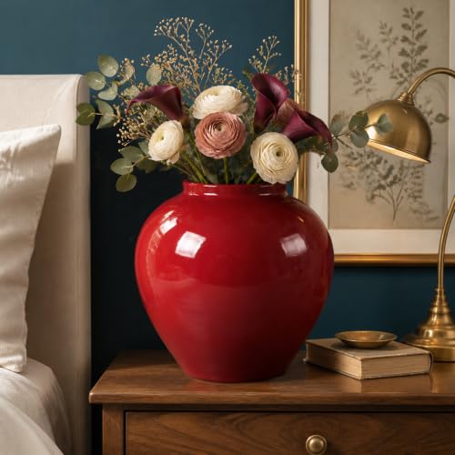 FZBCTLDZ Christmas Red 11-Inch Ceramic Look Iron Vase with Glossy Finish