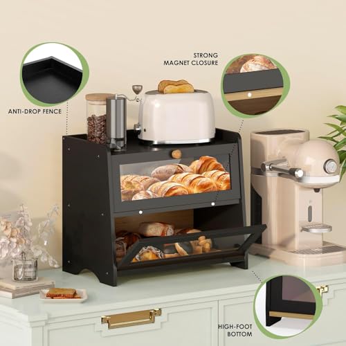Black 2-Tier Double Layer Bread Box for Kitchen Countertop - Eco-Friendly Bamboo
