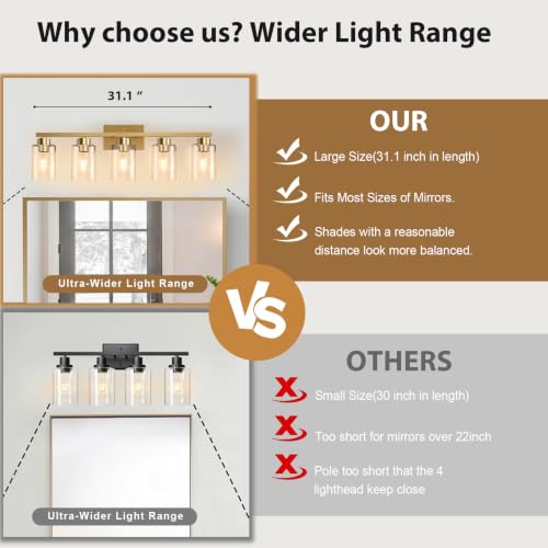 Bathroom Light Fixtures 5-Light Brushed Gold Vanity Lights with Clear Glass Shades - Over Mirror Wall Sconce