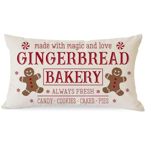 Christmas Pillow Covers 12x20 Inch Gingerbread Man Bakery Rustic Farmhouse Christmas Sign Decorations Outdoor Xmas Winter Holiday Decorative Lumbar Throw Pillow Case for Sofa Couch Home Decor