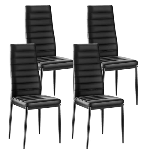 Set of 4 Upholstered Leather Dining Chairs - Modern Accent Chairs with Metal Legs, Black
