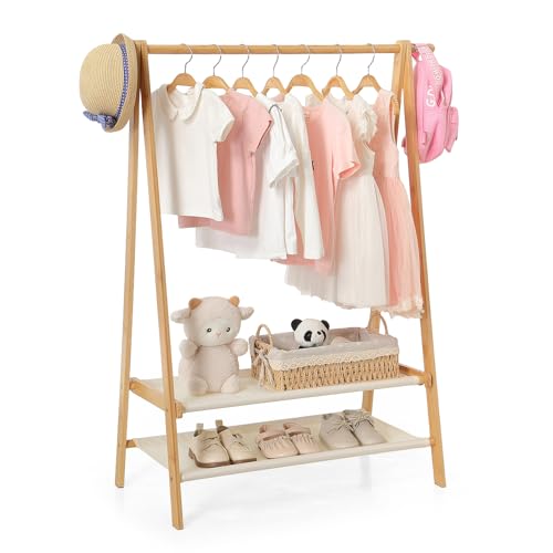 Kids Clothing Rack with Shelves and Hang Rod - Foldable Baby Wardrobe, Natural Bamboo