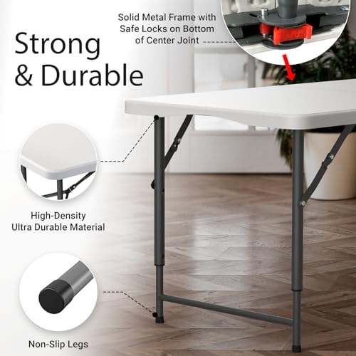 Foldable 4FT Adjustable Height Table - White, Heavy Duty, Portable