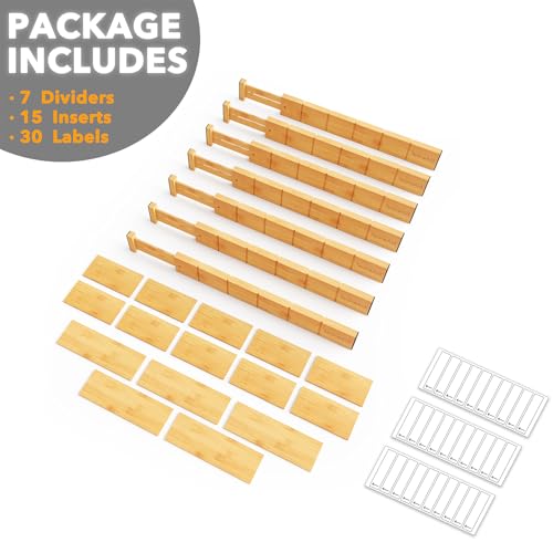 SpaceAid Bamboo Drawer Dividers with Labels, Adjustable Expandable Organizer, 7 Dividers with 15 Inserts, Natural 17-22 inch