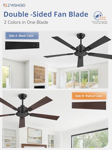 52 Inch Ceiling Fan Black No Light - High 3713 CFM, Reversible Quiet Motor, Remote Control, Adjustable Downrod
