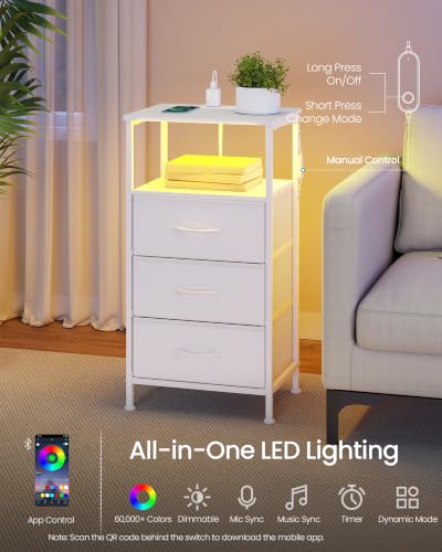 SONGMICS Nightstand with Charging Station, 3 Fabric Drawers, Cloud White & Snow White