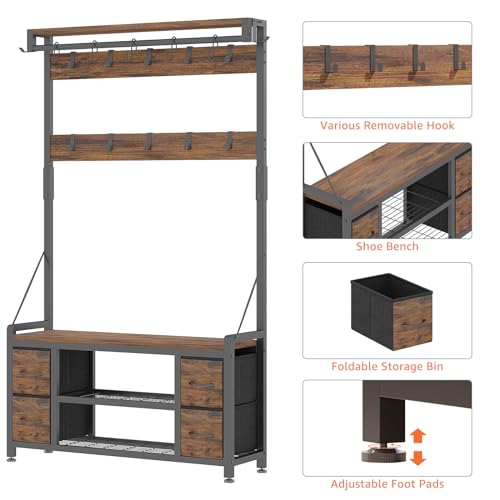 39-Inch Hall Tree with Storage Bench and Coat Rack - Rustic Brown