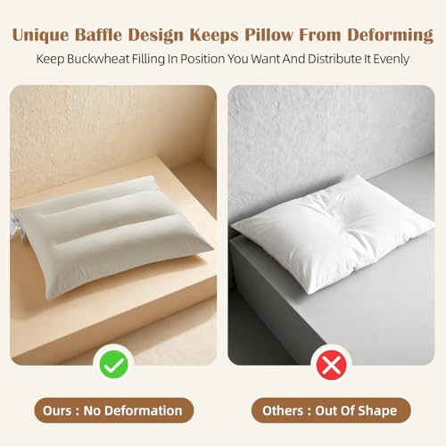 Buckwheat Pillow with Baffle Box- Adjustable Height Reduce Neck Pain
