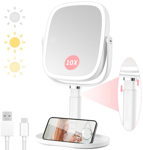 Vanmirr White Lighted Makeup Mirror with 8.5" 1x/10x Magnification & Height Adjustment