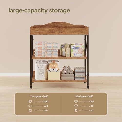 Baby Changing Table with Pad - Rustic Brown 2-Tier Diaper Station, Portable & Safe