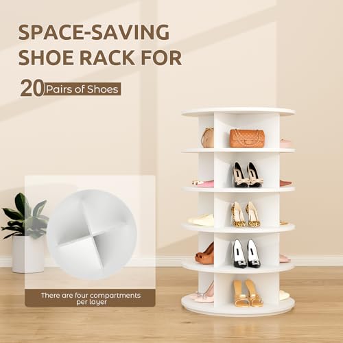 White 5-Tier Rotating Shoe Rack Organizer Tower for 20-24 Pairs, Space-Saving Closet Storage