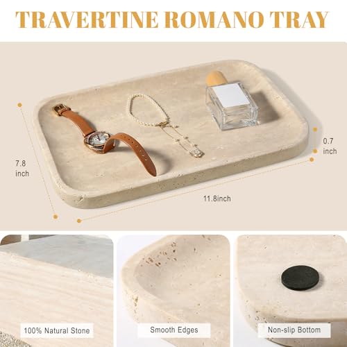 Travertine Vanity Tray - Beige Rectangular Stone Organizer for Jewelry & Bathroom Counter