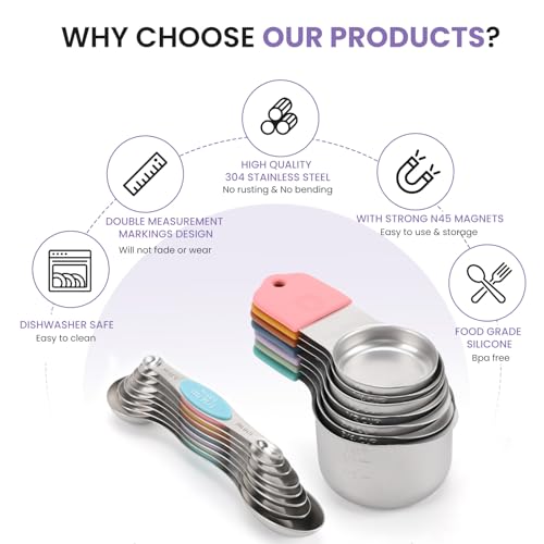Magnetic Measuring Cups and Spoons Set - Heavy Duty 304 Stainless Steel, Color Variations