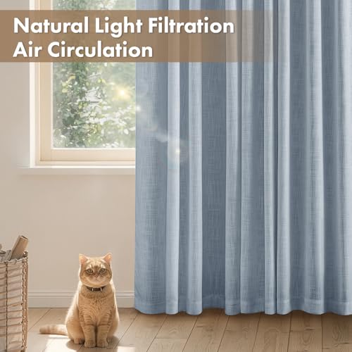 Chambray Blue Linen Textured Semi Sheer Curtains Set of 2 - 42W x 96L, Farmhouse & Living Room