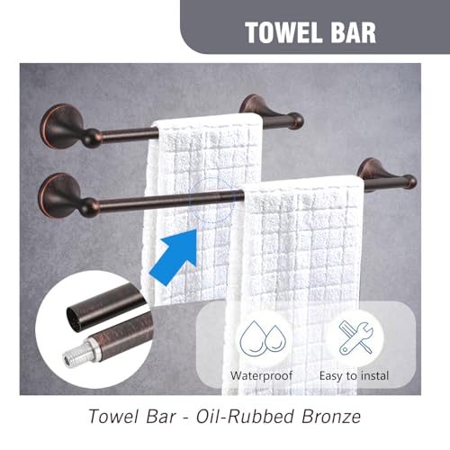 Oil-Rubbed Bronze 4-Piece Bathroom Hardware Accessory Set - Towel Bar, Toilet Paper Holder, Towel Ring & Robe Hooks