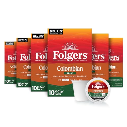 Folgers Colombian Decaf Coffee K-Cup Pods - Medium Roast, 6 Pack of 10 (60 Count)