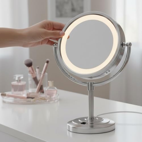 Lighted Makeup Mirror with 5X Magnification and Built-In Outlet - Nickel Finish