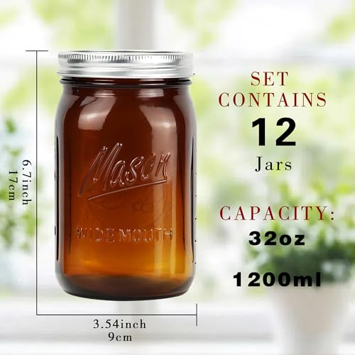 Amber Wide Mouth Mason Jars 32 oz with Metal Airtight Lids - Vintage Food Storage, Canning & Preserving - 12 Pack