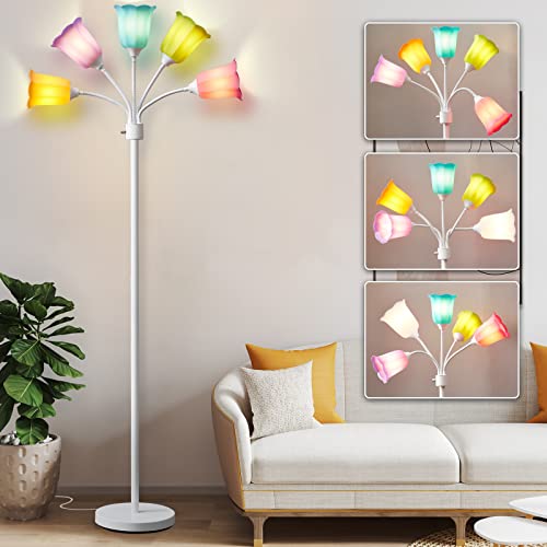 Medusa LED Floor Lamp with 6 Color Tulip Shades, Adjustable Gooseneck, Tall Standing Lamp for Living Room Bedroom Kids Room Office - White