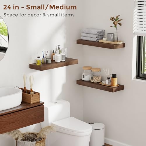 Heimlove 24-Inch Walnut Floating Wall Shelves Set of 2 Rustic Wood Wall Mounted Storage