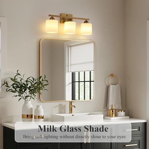 Brass 3-Light Milk Glass Vanity Light Fixture for Bathroom Wall Mount - Dimmable, UL Certified