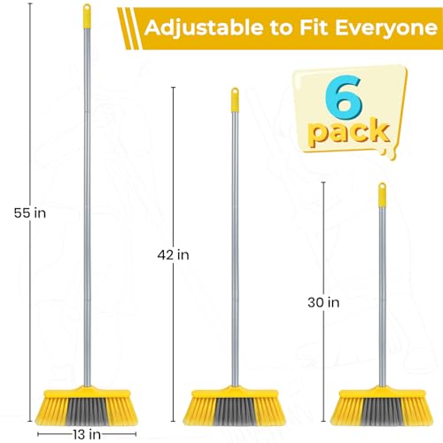 TreeLen B-Yellow 6 Pack Indoor Soft Bristle Brooms with 55-Inch Handle for Hardwood Floors