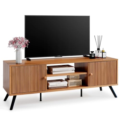 GTPLAYER Cocoa 53in TV Stand - Mid Century Modern Entertainment Center for 55/60/65 Inch TVs with Fluted Doors