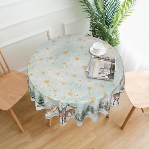 Winter Deer 60 Inch Round Tablecloth - Xmas Trees Snowflake, Water-Resistant, Spill-Proof