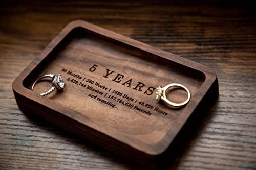 MUUJEE 5 Year Ring Dish - Engraved Rectangle Wood Tray Small Jewelry