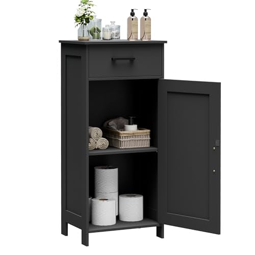 Bathroom Corner Storage Cabinet with Drawer & Adjustable Shelf - Black 15.7W
