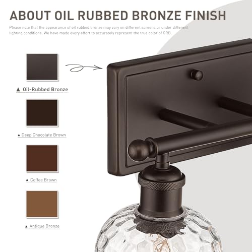 Farmhouse Vanity Light Fixture - 3-Light Oil Rubbed Bronze with Hammered Glass Shades, 21-inch Bathroom Wall Sconce - Up/Down Mounting