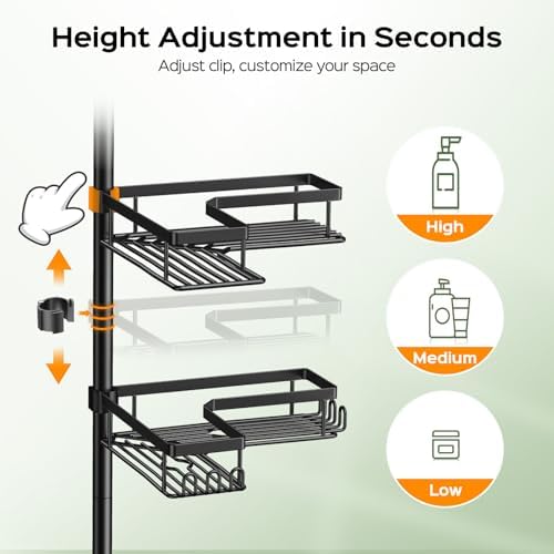 HAMITOR Shower Caddy - 4-Tier Rustproof Bathroom Organizer with Soap Holder & Hooks | Adjustable No-Drill Design - 47-123 Inch