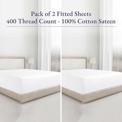 Twin XL Fitted Sheets Pack of 2 - 100% Cotton Sateen, White - Variation 01